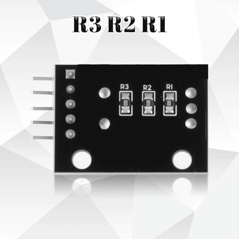 Close-up of Five Pack KY-040 Rotary Encoder Modules circuit board with labeled R3, R2, R1, black finish, used for sensor kit prototyping.
