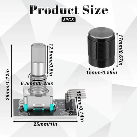 Five Pack KY-040 Rotary Encoder Modules With Aluminum Knob Caps 15 x 16.5 Mm Size Black Finish for Prototyping and Repairs