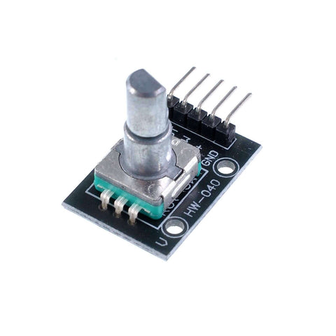 KY-040 Rotary Encoder Module for Arduino AVR PIC STM32 Raspberry Pi 5V, showing metal shaft and pin connectors on black PCB