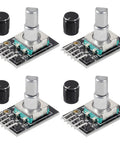 4 Pack KY 040 Rotary Encoder Modules with Aluminum Knob Caps for DIY Microcontroller Projects, 360 Degree Rotation, Detented Switch