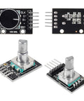 4 Pack KY 040 Rotary Encoder Modules with aluminum knob caps for DIY microcontroller projects, 360 degree rotation, breadboard friendly
