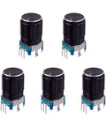 Five EC11 360 Degree Rotary Encoder Potentiometers with black knobs and blue bases from DIY electronics kit