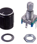 EC11 360 Degree Rotary Encoder Potentiometer Kit with 5 pin digital potentiometer, knob cap, washer, and nut for electronics projects