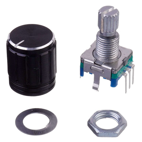 EC11 360 Degree Rotary Encoder Potentiometer Kit with 5 pin digital potentiometer, knob cap, washer, and nut for electronics projects