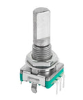 Close-up of a metal encoder switch with push button for EC11 potentiometer, ideal for Arduino projects, 15mm shank, durable and precise.