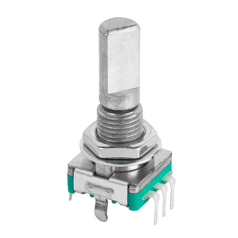 Close-up of a metal encoder switch with push button for EC11 potentiometer, ideal for Arduino projects, 15mm shank, durable and precise.