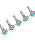 5 metal 10 Pack 360 Degree Rotary Encoder Switches With Push Button For EC11 Potentiometer on white background, 15mm shaft