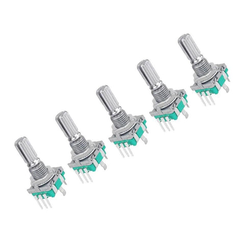 5 metal 10 Pack 360 Degree Rotary Encoder Switches With Push Button For EC11 Potentiometer on white background, 15mm shaft