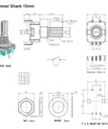Technical diagram of 10 Pack 360 Degree Rotary Encoder Switches with Push Button, EC11 Potentiometer, 15mm shaft details included