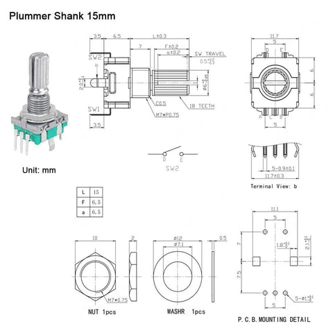 Technical diagram of 10 Pack 360 Degree Rotary Encoder Switches with Push Button, EC11 Potentiometer, 15mm shaft details included