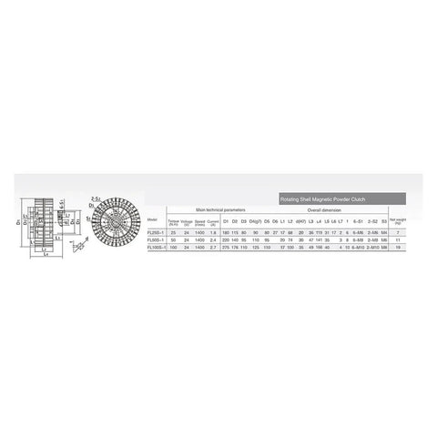 Technical specifications diagram for External Rotary Magnetic Particle Brake For Industrial Machinery, FLS-1 Series 10 Kg Capacity