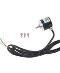 High Tech Optical And Rotary Photoelectric Encoder With 3-Phase DC 5-24V, Solid Shaft, aluminum housing, cables, and screws displayed