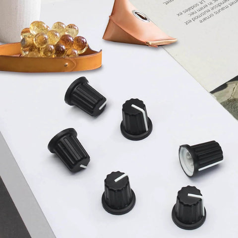 6 Pack 6mm D Type Potentiometer Knobs For 6mm Shafts Rubber Grip Guitar Volume Rotary Knobs Replacement, black knobs on table