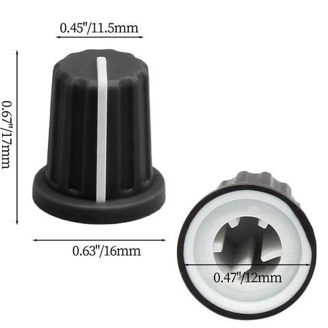 Two black rubber grip 6 Pack 6mm D Type Potentiometer Knobs For 6mm Shafts with dimensions