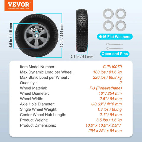 2 Pack 10 Inch Solid PU Run Flat Tire Wheels Flat Free Tubeless Dolly Cart Replacement Wheels 254mm Heavy Duty Garden Trailer Wheels