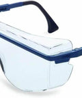 Honeywell clear safety goggles with blue frame, anti-fog OTG design.