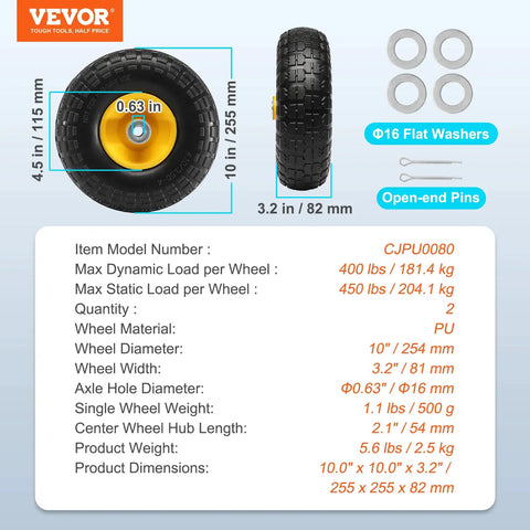 2 Pack 10 Inch Solid PU Run Flat Tire Wheels Flat Free Tubeless Dolly Cart Replacement Wheels 254mm Heavy Duty Garden Trailer Wheels side and front view
