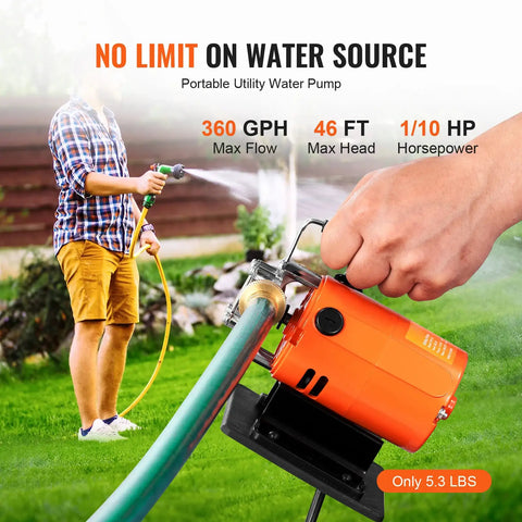 120V Electric Water Transfer Pump 360GPH 1/10 HP Portable Utility Pump in garden setting, hose connected, 46ft head lift visible