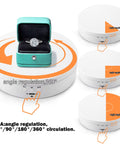Rotating display stand showing angle options with jewelry box. Features adjustable angles: 45/90/180/360 degrees ASA.