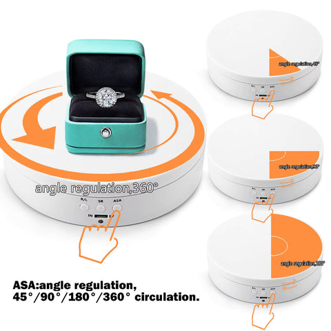 Rotating display stand showing angle options with jewelry box. Features adjustable angles: 45/90/180/360 degrees ASA.