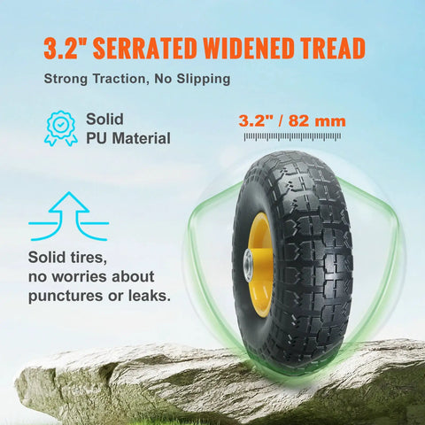 3.2 inch serrated tread solid PU tire with yellow hub, focus on durability for carts and garden trailers.