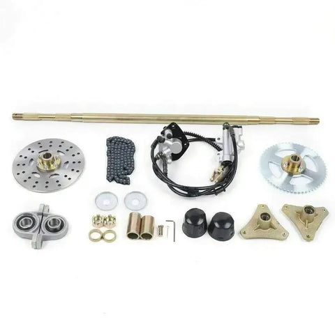740mm Go Kart Rear Axle Kit Complete with Brake Assembly and T8F Chain Sprocket components displayed on a white background