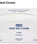Front view of white ULINE toilet seat covers box, 250 sheets per pack, 5000 per case.