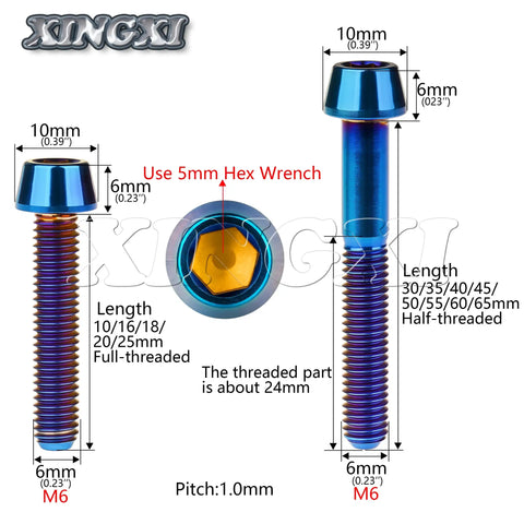 Titanium M6 Allen Head Bolts Taper Head Screws 10mm to 65mm Bike Brake Headset Fasteners Lightweight Corrosion Resistant