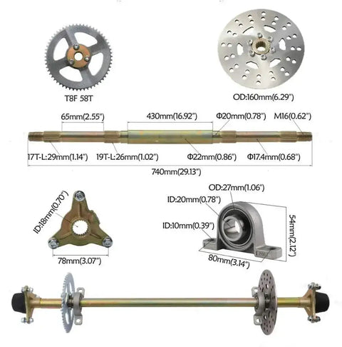 Diagram of 740mm Go Kart Rear Axle Kit Complete with Brake Assembly and T8F Chain Sprocket for DIY Go Kart Quad Trike and Golf Cart Build