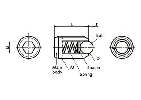 Diagram of M10 16mm Length - Stainless Steel Miniature Spinning Ball Plunger Japan with labeled components including spring and spacer.