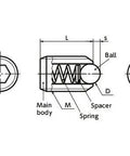 Technical drawing of M8 15mm Length - Stainless Steel Miniature Spinning Ball Plunger Japan showing dimensions and components.