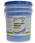 Front view: Nyco liquid laundry detergent in a 5-gallon blue plastic bucket.