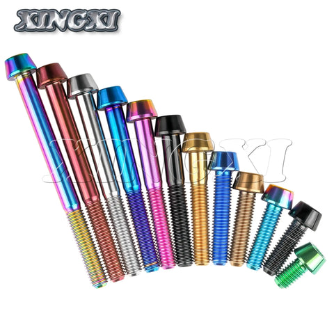 Assorted colors of Titanium M6 Allen Head Bolts Taper Head Screws 10mm to 65mm for bike brake headset fasteners with lightweight design.