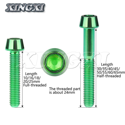 Titanium M6 Allen Head Bolts Taper Head Screws 10mm to 65mm Bike Brake Headset Fasteners in green with length details