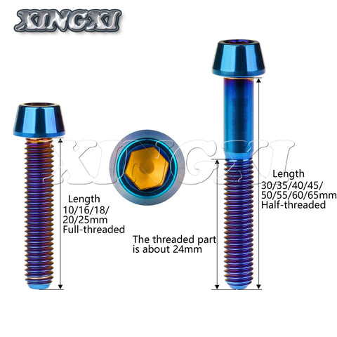 Titanium M6 Allen Head Bolts Taper Head Screws 10mm to 65mm Bike Brake Headset Fasteners, front and side view