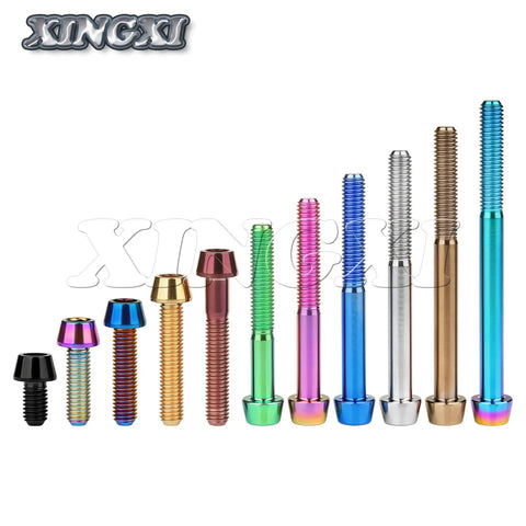 Assorted Titanium M6 Allen Head Bolts Taper Head Screws 10mm to 65mm for bike brake headset fasteners in various colors.