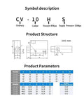 Technical diagram for Quiet Yet Powerful Pneumatic Vacuum Generator With Silencer, model specifications and structural dimensions.