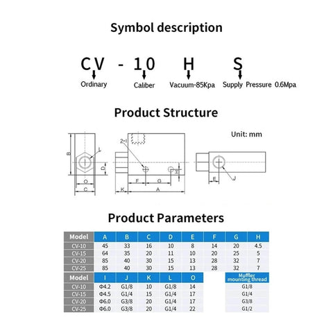 Technical diagram for Quiet Yet Powerful Pneumatic Vacuum Generator With Silencer, model specifications and structural dimensions.