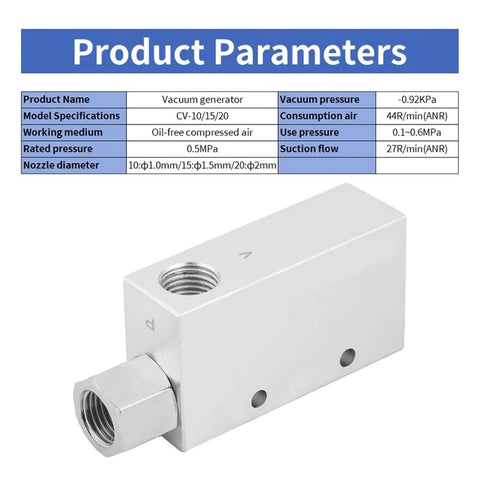 Quiet Yet Powerful Pneumatic Vacuum Generator With Silencer For Silent High Efficiency Suction Parameters Chart CV 10 Silencer