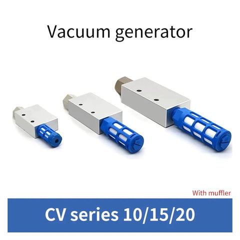 Quiet Yet Powerful Pneumatic Vacuum Generator With Silencer CV 10, 15, 20 series shown with blue muffler attachment side view