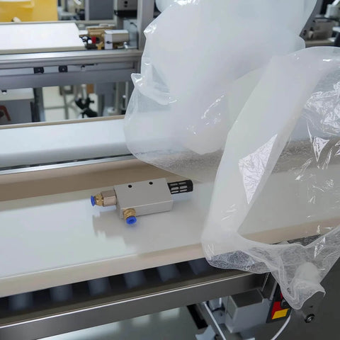 Pneumatic Vacuum Generator With Silencer for industrial automation on a conveyor, durable aluminum build with CNC threads.