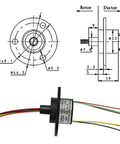 Six Channel Slip Ring With Carbon Brush Conductive Ring, 22Mm Diameter, 250Mm Wire Length, 2A Rating, Gold Contacts, diagram shown
