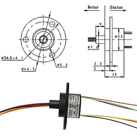 Six Channel Slip Ring With Carbon Brush Conductive Ring, 22Mm Diameter, 250Mm Wire Length, 2A Rating, Gold Contacts, diagram shown