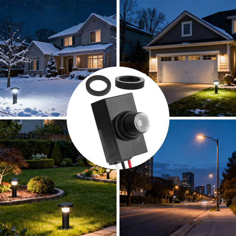 Six Pack Outdoor Dusk To Dawn Photocell Sensors for lamps and security lights shown in various nighttime settings with houses and streets.