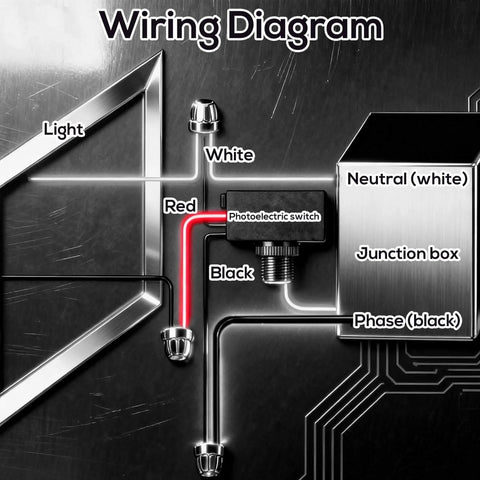 Wiring diagram for Six Pack Outdoor Dusk To Dawn Photocell Sensors For Lamps and Security Lights, showing connections and junction box.