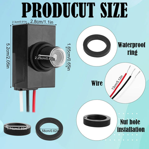 Diagram showing dimensions of Six Pack Outdoor Dusk To Dawn Photocell Sensors with size details, waterproof ring, and wiring setup.