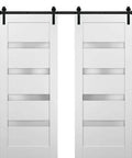 Sliding Double Barn Doors 48x80 With Hardware White Silk Frosted Opaque Glass Top Mount 13Ft Rail Set Solid Wood Panel