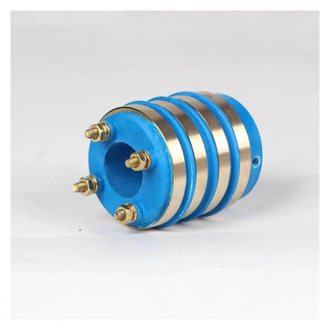Side view of slip ring assembly for 2/4-way current collector with carbon brush holder, blue rotary connector, shaft 20-25mm, size 20x50x59mm.