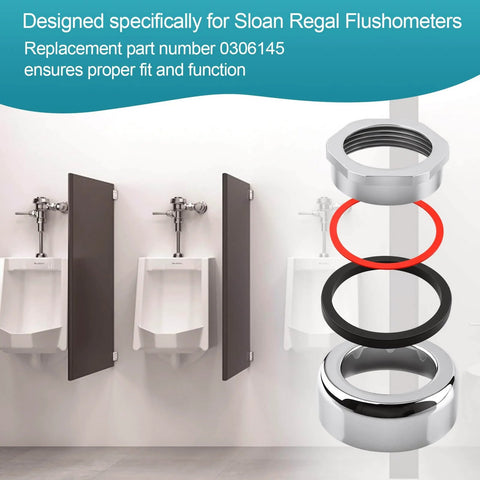 Regal Spud Coupling Assembly For Regal Flushometers Model 0306145, includes flange, slip joint gasket, friction ring, shown in bathroom setting