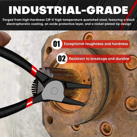 4 Piece Snap Ring Pliers Kit 7 Inch Internal And External Circlip Pliers Set with CR-V Steel in use on machinery